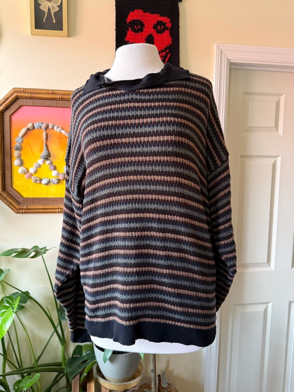 Vintage 80’s Men's Striped Cotton Knit Sweater Hoodie - Black and Brown
